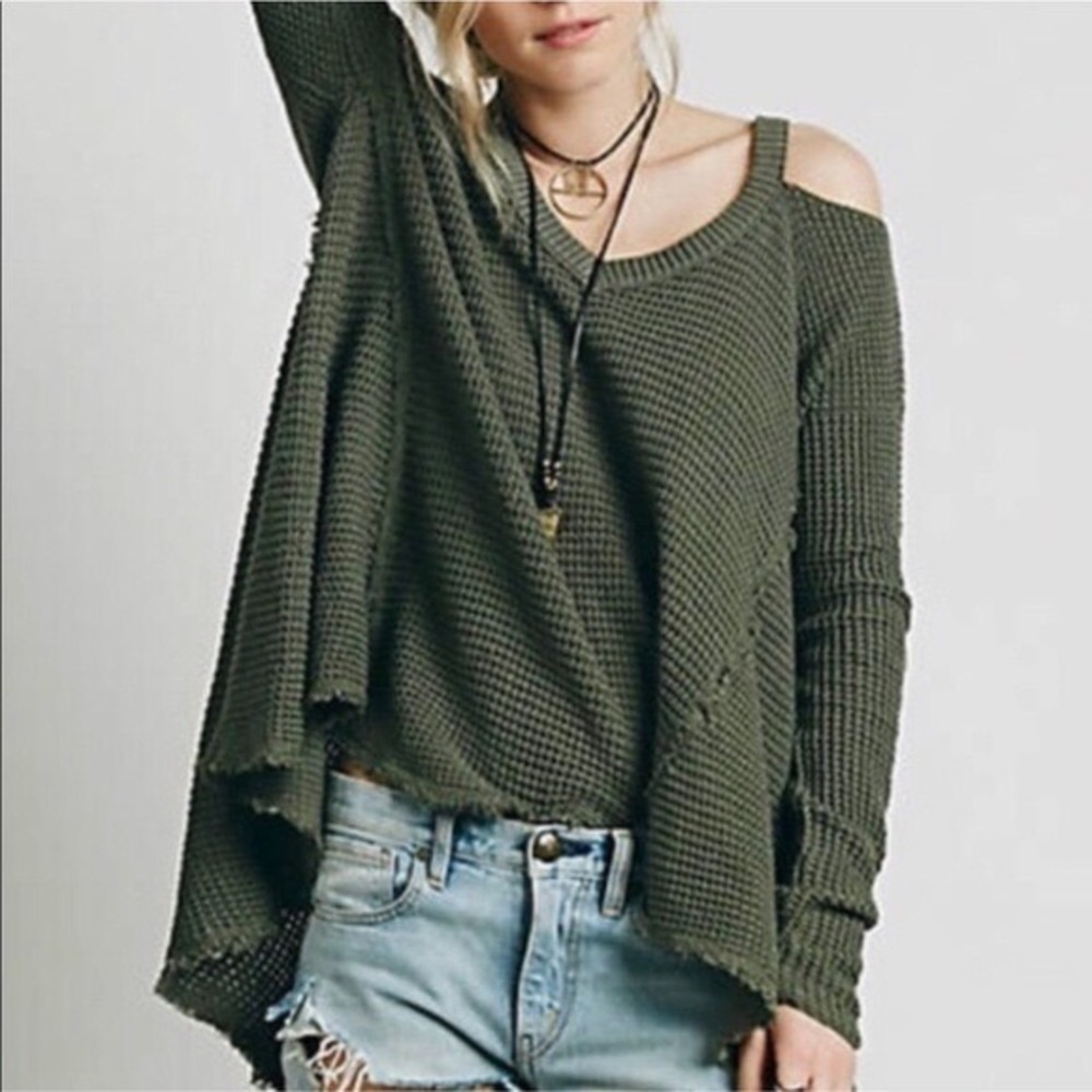 Free People Moonshine Cold Shoulder Sweater Olive Green‎ Knit High Low XS